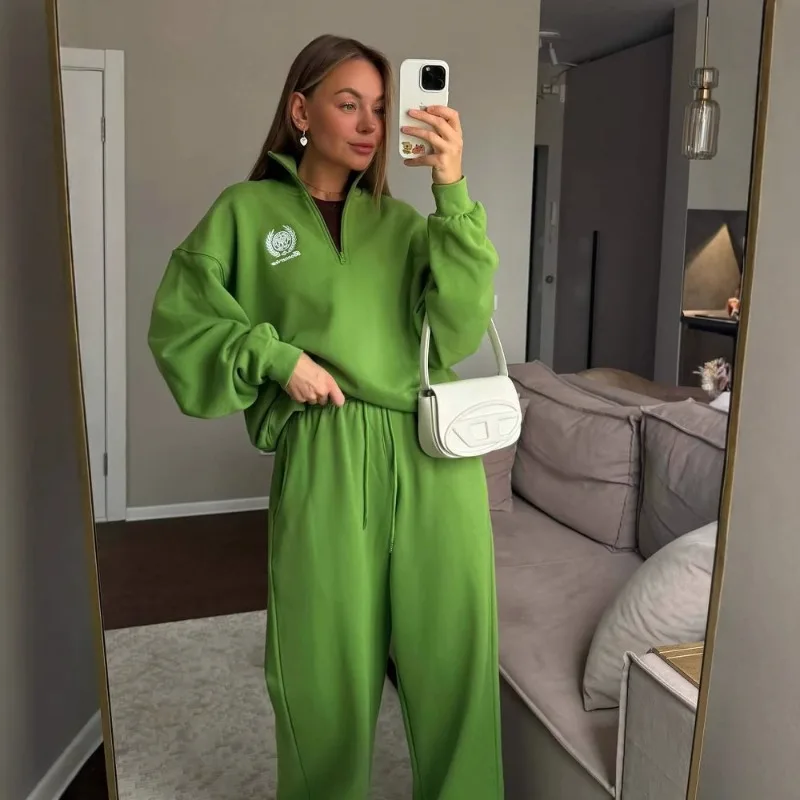 

Повседневный свитер с полумолнией, комплект из двух предметов, женский весенне-осенний зеленый спортивный удобный комплект прямых брюк, изысканный простой