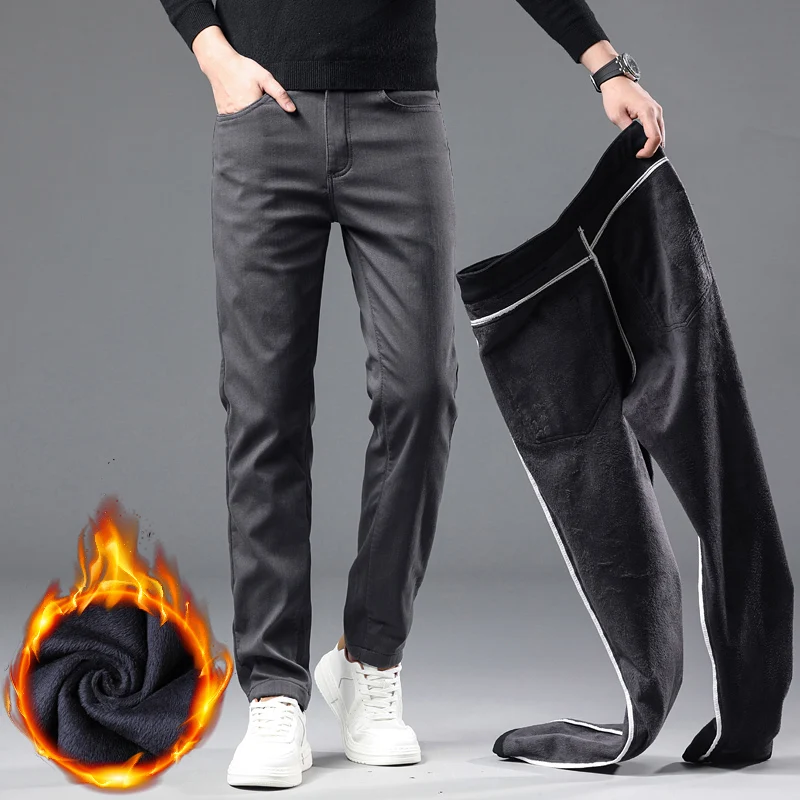 2024 New Winter Fleece Casual Pants Men\'s Straight Slim Thick Warm Male Business Fashion Casual Elastic Comfort Velvet Trousers