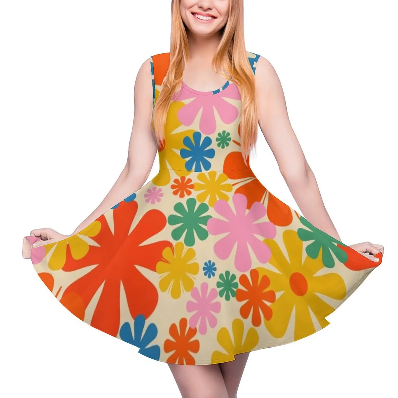 

Retro 60s 70s Aesthetic Floral Pattern in Rainbow Pop Colours Sleeveless Dress Summer women"s clothing