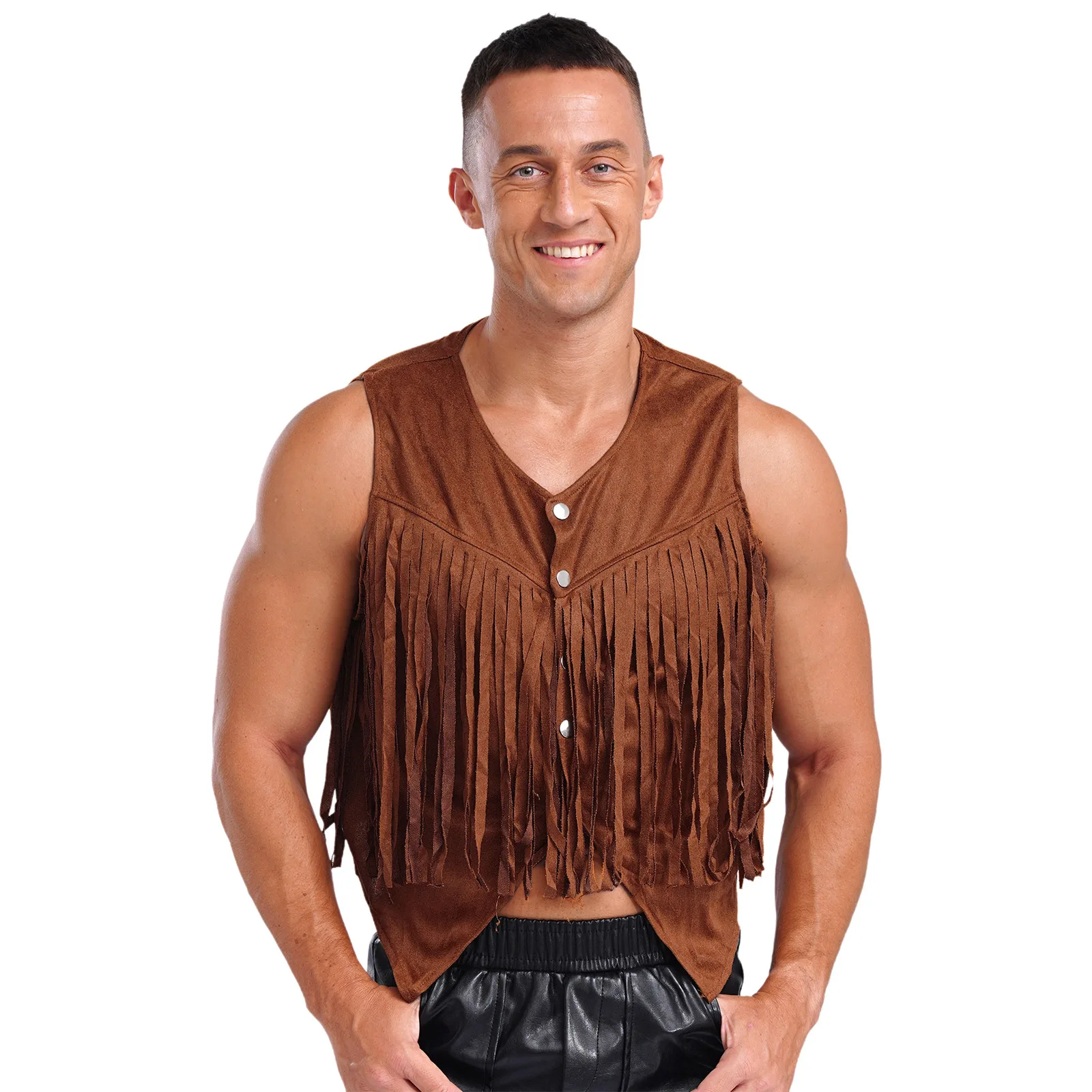 Mens Vintage Fringe Hippie Vest Faux Suede Tassel Waistcoat Irregular Hem Motorcycling Jacket Halloween Western Cowboy Costume