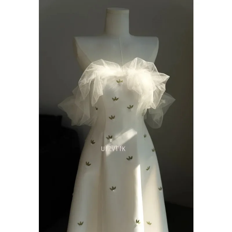 Einfache Korea Hochzeit Party Kleider für Frauen Sweety Weg Von Der Schulter A-linie Fleck Bankett Kleid Abendkleid Vestido De Festa