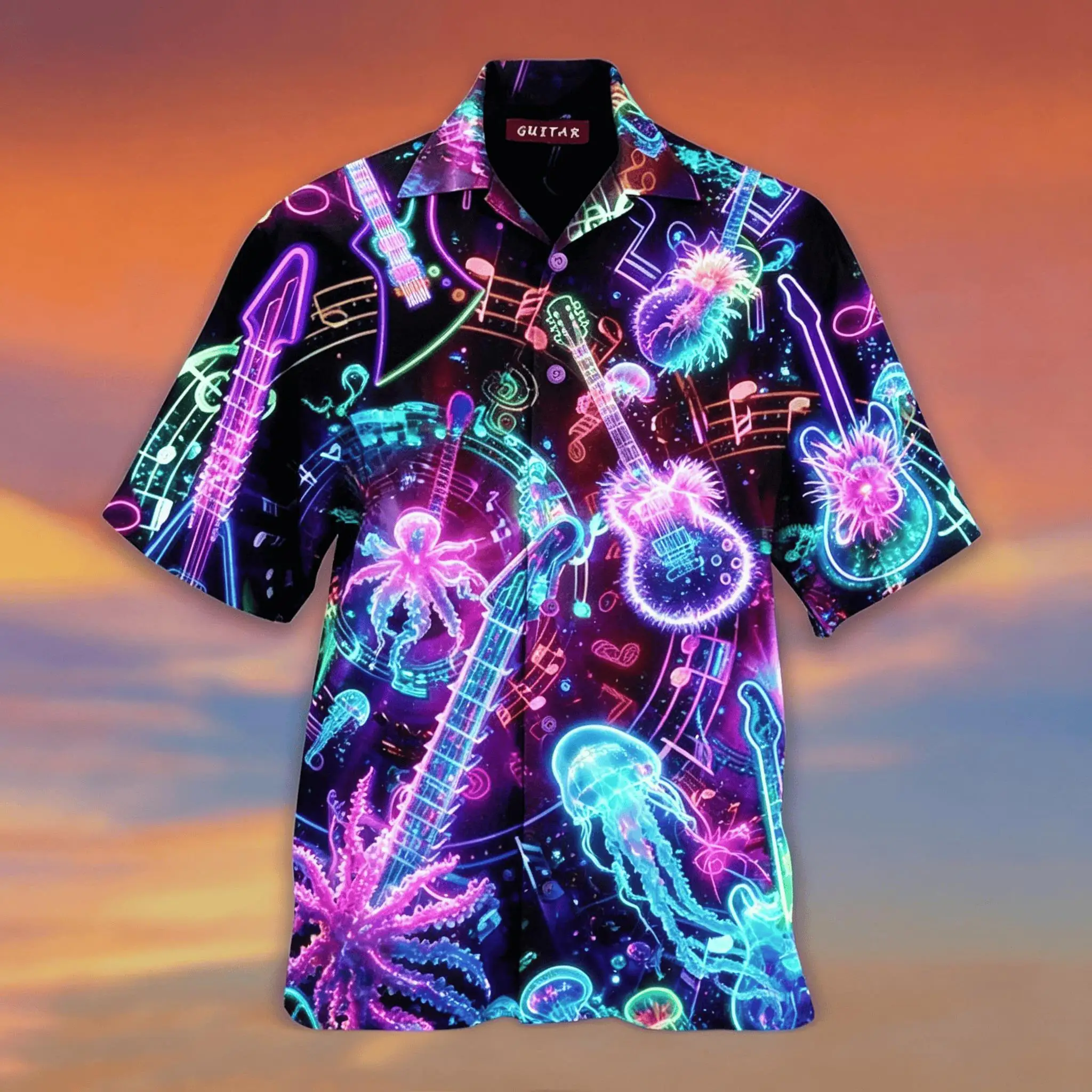 

Men's Neon Guitar Jellyfish Print Short Sleeve Shirt, Psychedelic Music Hawaiian Button Up Shirt for Spring & Summer