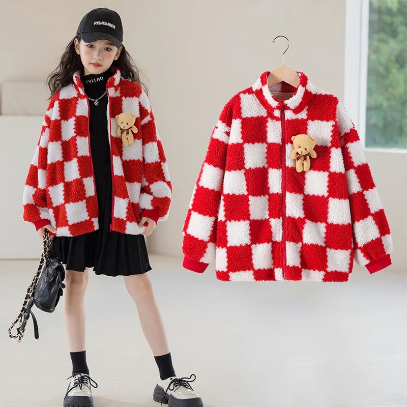 

Winter Children Girl Plus Velvet Sport Coats Teenager Girl Plaid High Collar Windproof Warm Sweat Jackets Girl Coats 5-12Yrs