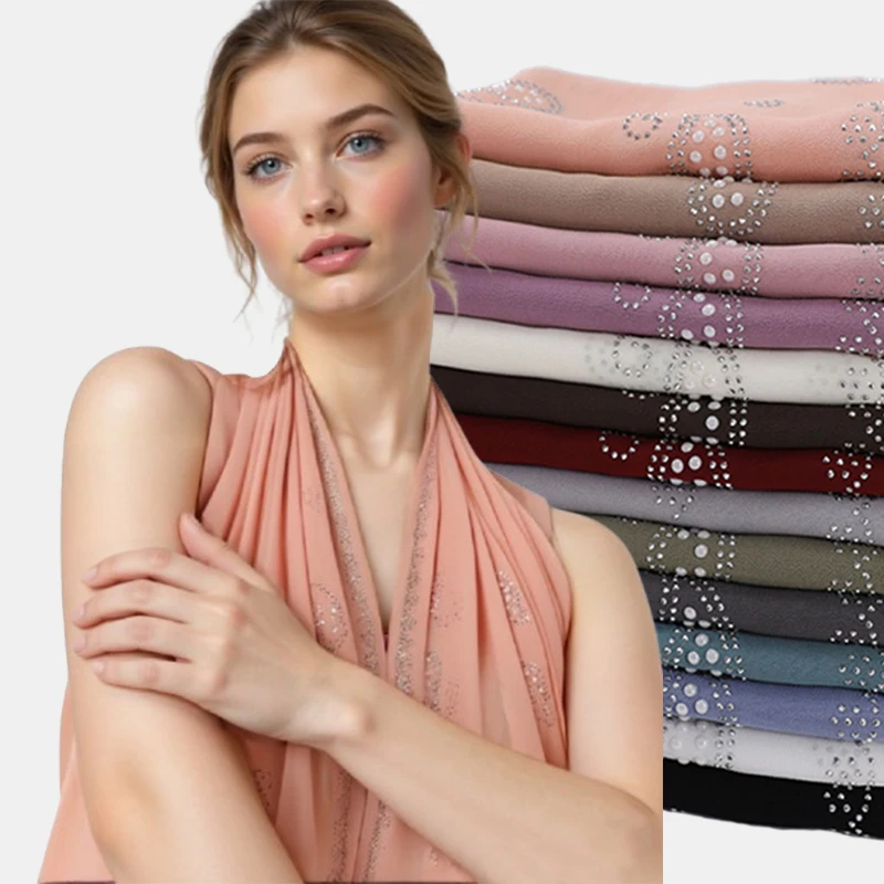 

Bandanna Flower Pearl Rhinestone Chiffon Shawl Scarf High Quality Shimmer Beads Headband Wrap Foulard Muslim Hijab