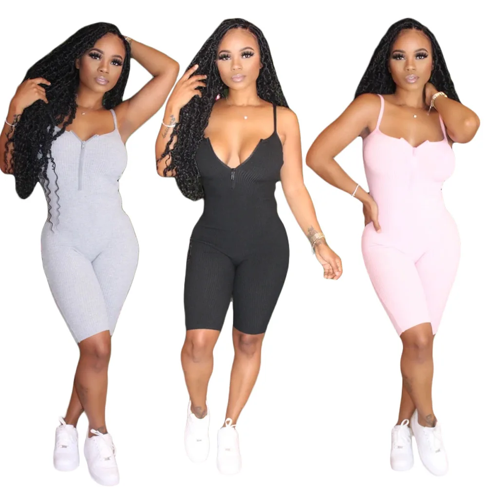 

European and American fashion women's sleeveless chest zipper solid color jumpsuit jumpsuit women bodysuits rompers