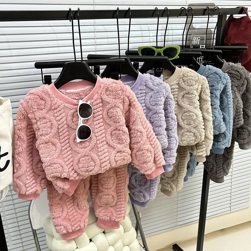 

2025 New Autumn And Winter Flannel Warm Girl's Suit Solid Color Long-Sleeved Boy's Velvet Thickened Top And Trousers Suit 1-12Y