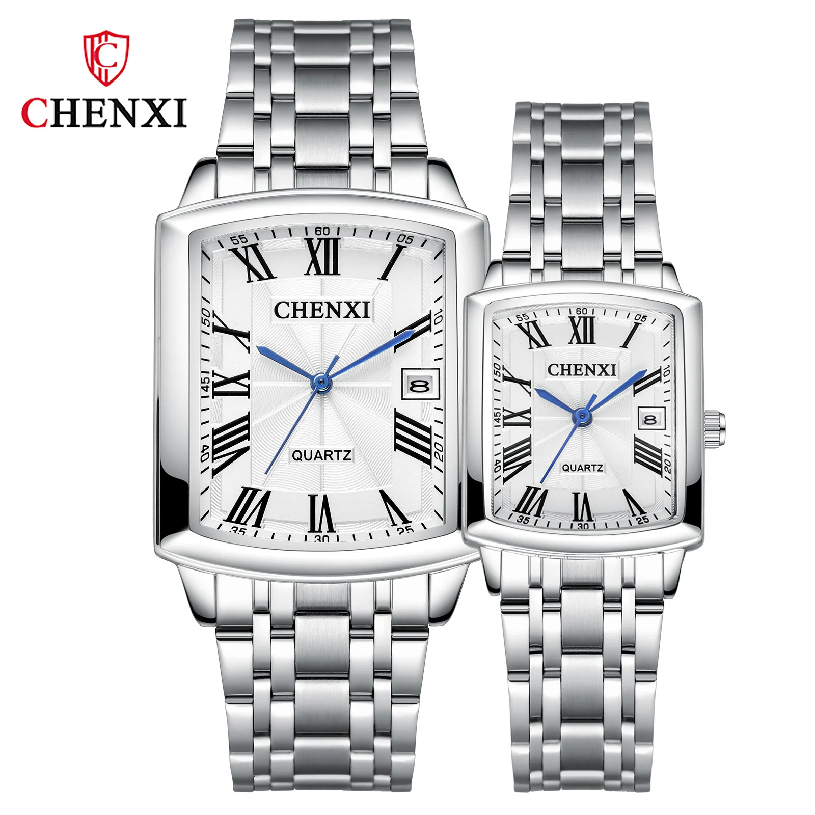 CHENXI-Paire de montres de couple pour hommes et femmes, montre-bracelet à quartz carrée simple, horloge de date, étanche, acier inoxydable, amoureux, mode