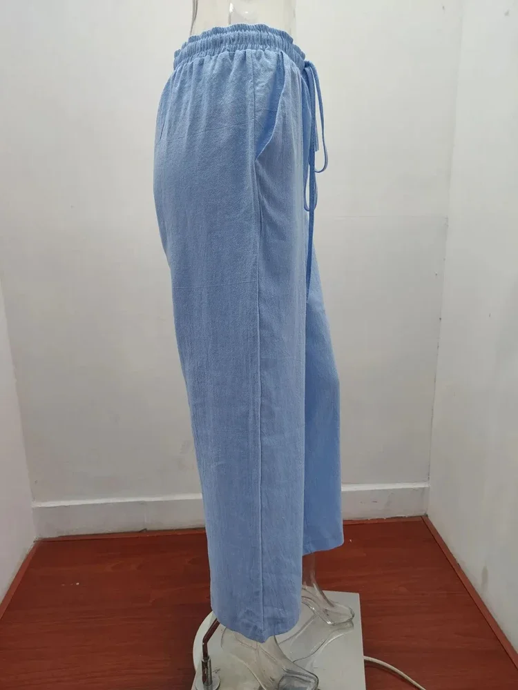 Damenhosen aus 100% Baumwolle für Sommer und Herbst, einfarbige, hochtaillierte, gerade geschnittene Hosen, lockere, atmungsaktive Freizeithosen aus Hanf für Damen, Sport-Hosen. – Detail 14
