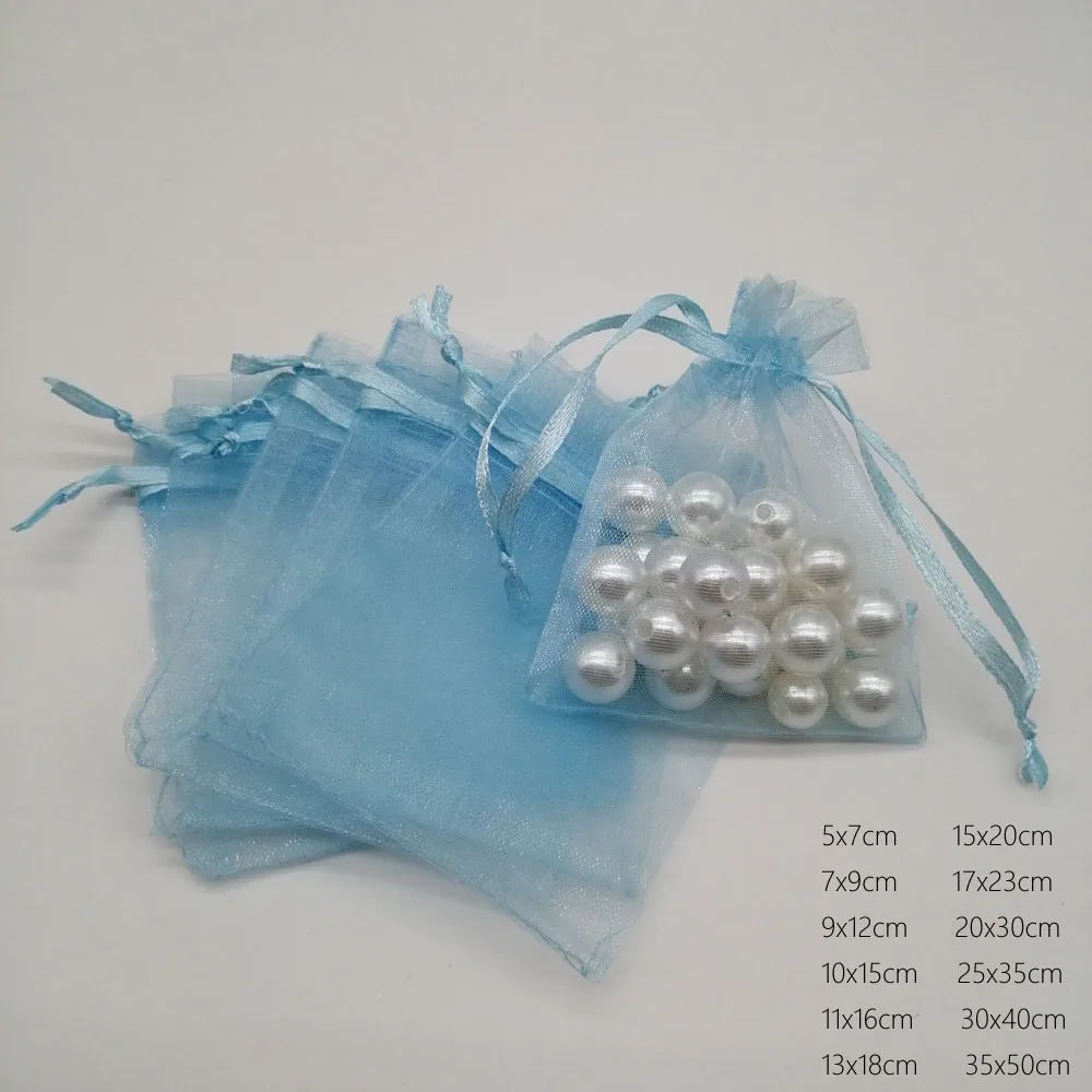 1000pcs/Lot Sky Blue Goodie Wedding Organza Drawstring Gift Bags Sachet Pouch Packaging Birthday Party Favors Christmas Display