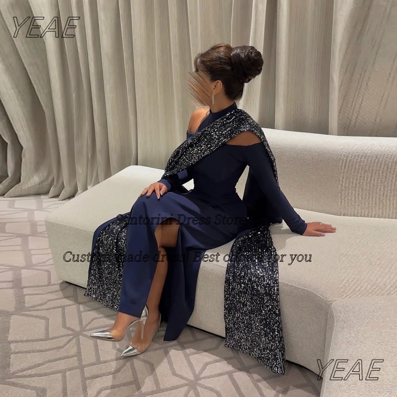 Santorini Customized Prom Dresses with Shawl Halter Neck Long Sleeves Evening Dress Women Wear Side Slit Vestidos Des Noche image 5