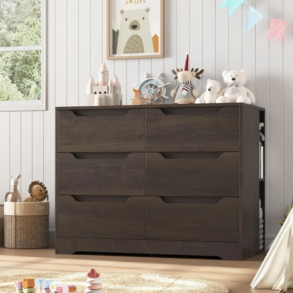 6 Drawer Dresser for Bedroom, Dresser with 4 Cubbies, Wood Chest of Drawers with Cut-Out Handles, Modern Storage Chest