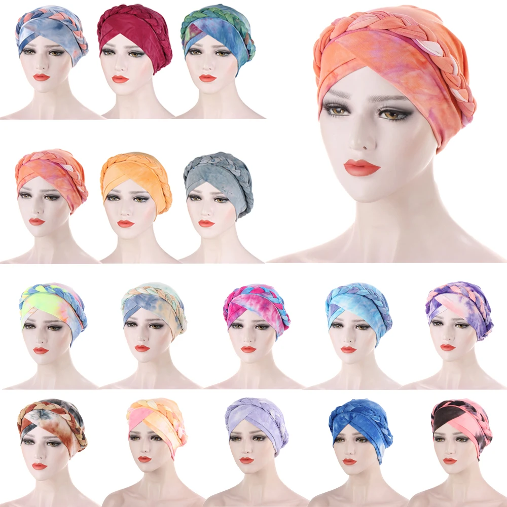 

Women Indian Turban Print Braids Headscarf Muslim Hat Hijab Chemo Cap Cancer Hair Loss Head Cover Scarf Wrap Bonnet Skullies Hat