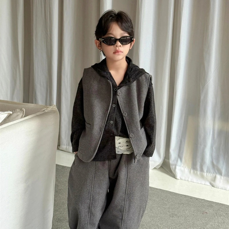 

2025 Autumn New Children's Woolen Thick Warm Jacket and Wide Leg Pants Two-piece Set