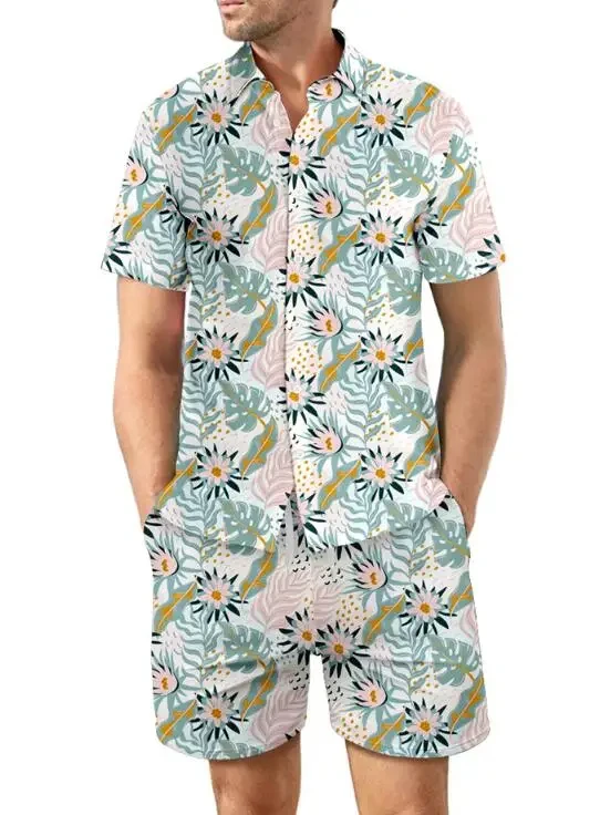 Conjunto de 2 piezas hawaianos con estampado de flores para hombre, conjunto de camisa con estampado de hojas 3D, chándal de manga corta para playa, ropa deportiva diaria, 2 piezas