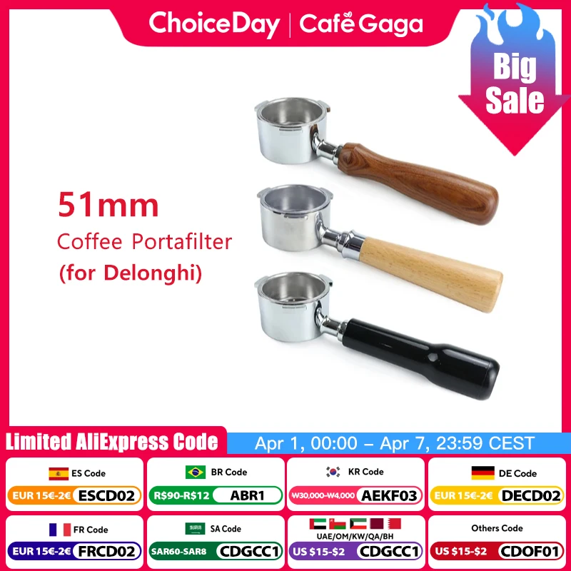 51mm קפה ללא תחתית Portafilter עץ ידית עבור Delonghi Dedica ec680 ec685 החלפת מסנן סל ריסטה אבזרים