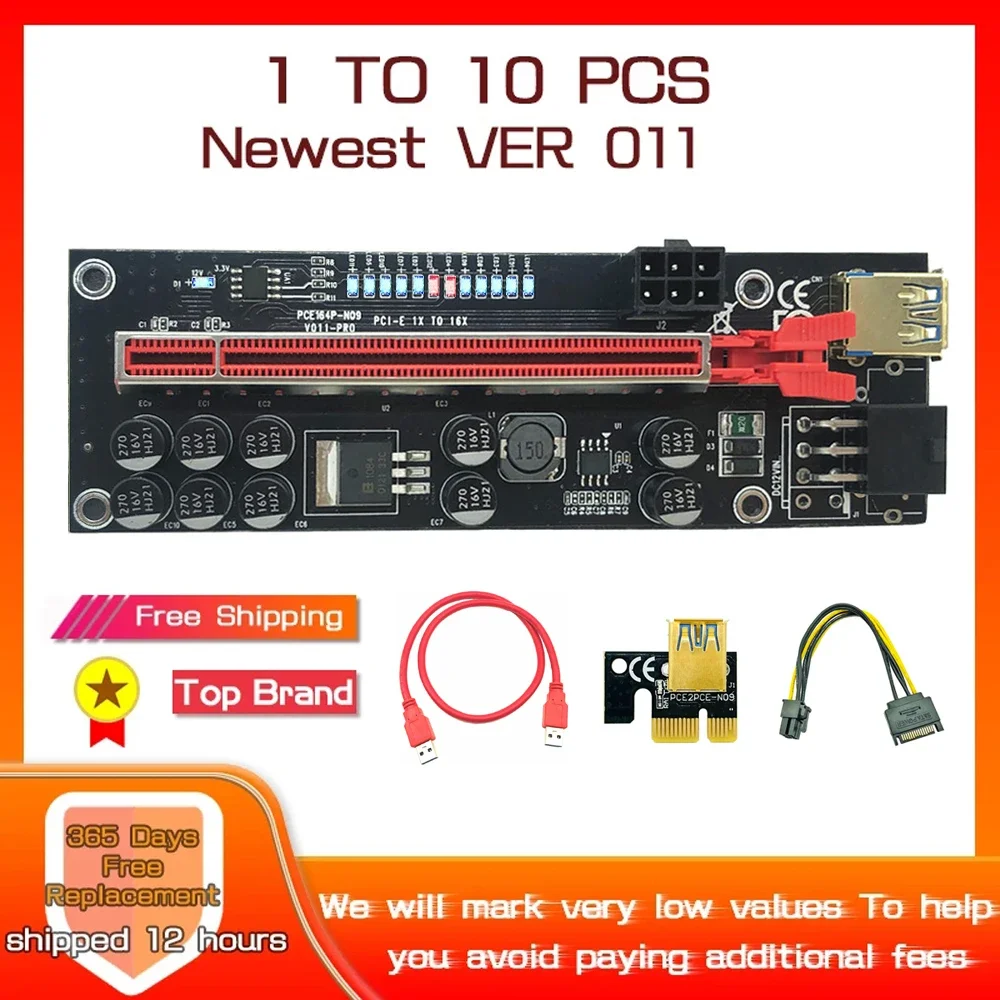 

1-10 шт. VER011 PCIE Riser Card 011 Riser PCI Express X16 Удлинитель 0,6 м USB3.0 Кабель SATA to 6P Power Riser для добычи видеокарты