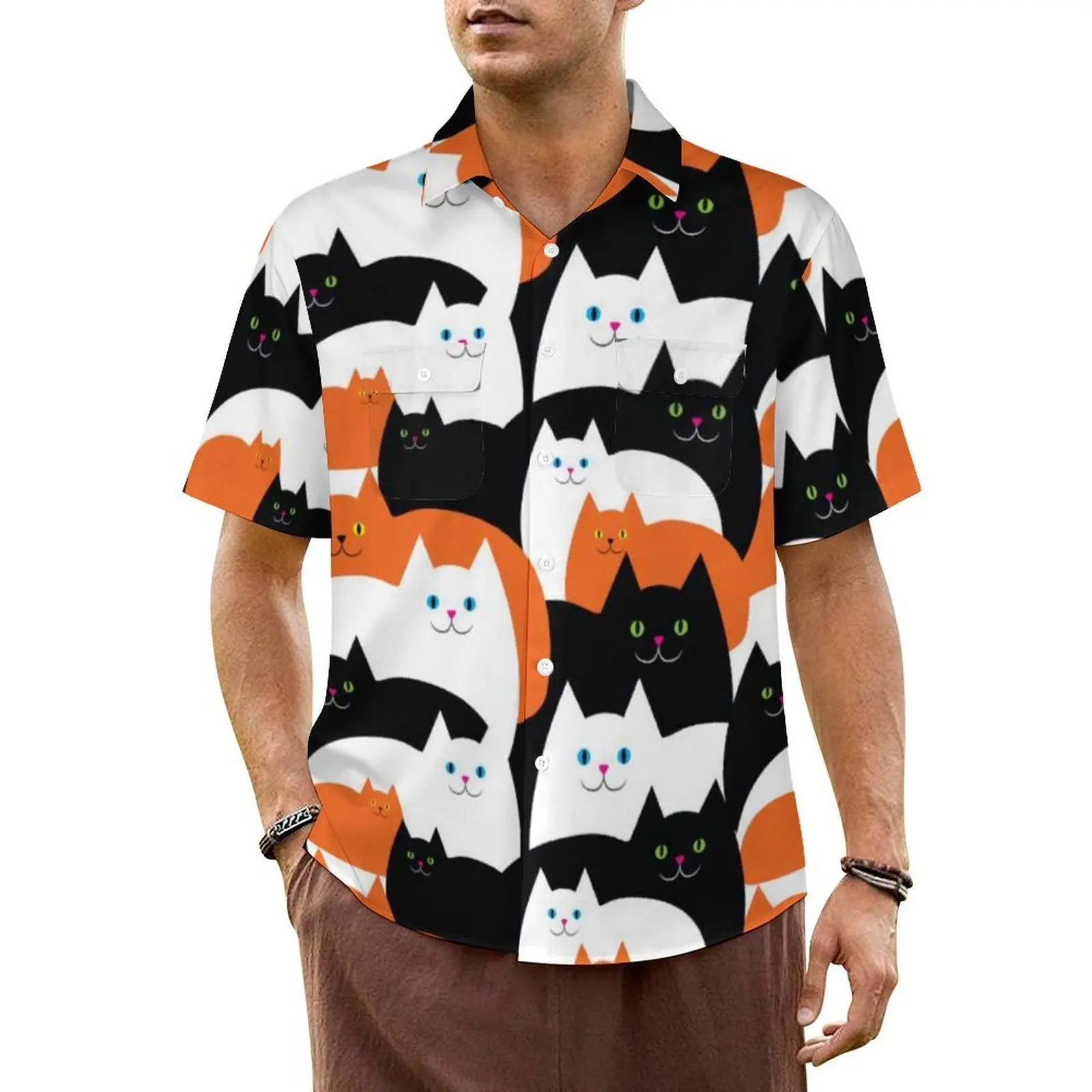 

Summer Shirt Beach Halloween Cat Blouses Funny Cats Trick Or Treat Elegant Casual Shirts Mens Short Sleeve Y2K Oversized Clothes