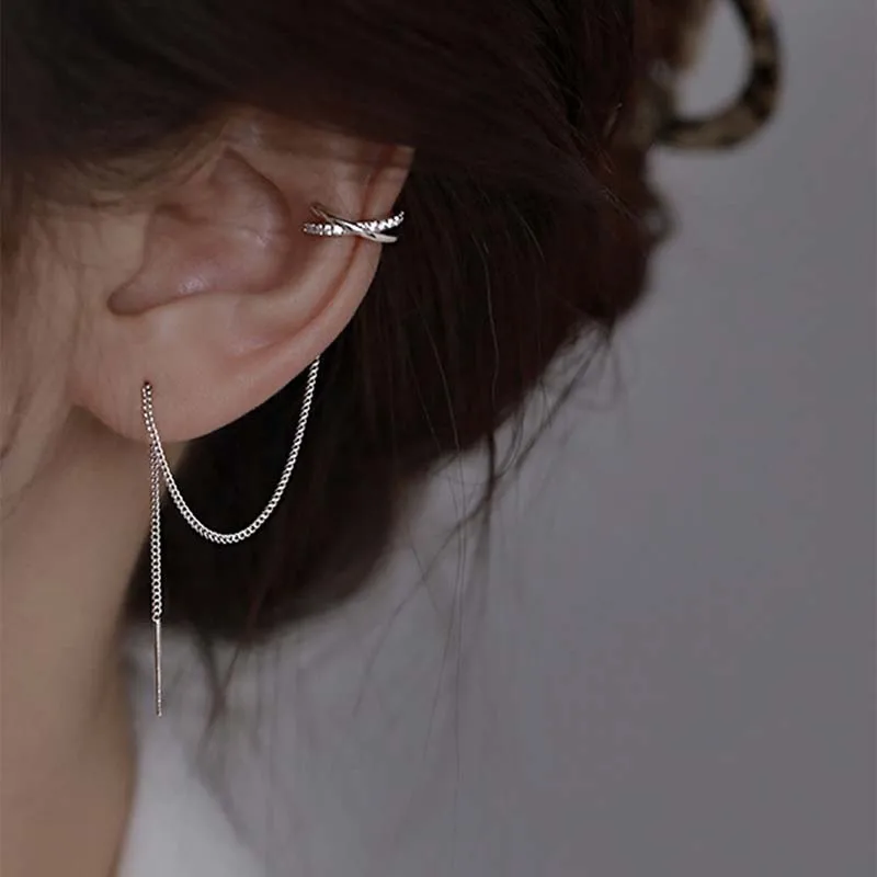 1 Stück Kreuz-Ohrklemme mit Quasten und Strass, Piercing-Ohrstecker für Damen, einfache Ketten-Clip-Ohrringe, Ohrklemme, 2026 Trendy