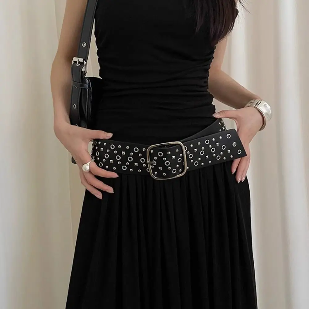 แฟชั่นRivet Cowgirlเข็มขัดหนังนิ่มY2Kเข็มขัดกว้างเกาหลีสไตล์ปรับเข็มขัดหนังPUเสื้อผ้าอุปกรณ์เสริม