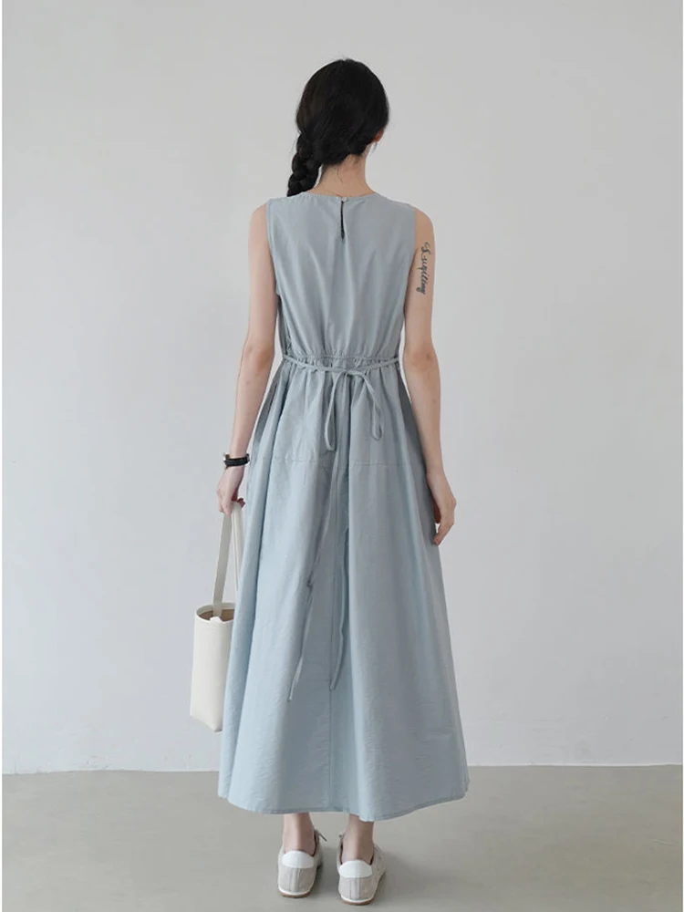 Simple Vintage White Dress Women Casual O Neck Sleeveless Retro Long Dress Korean Summer Female Pockets Loose Tanks Dress