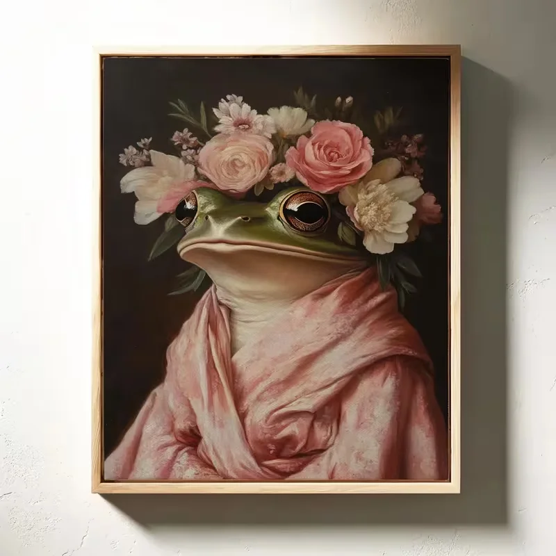 Frameless canvas paintings,Retro Frog Portrait with Flower Crown Powder Shawl Canvas Poster Art Wall Aesthetic Home Decoration f
