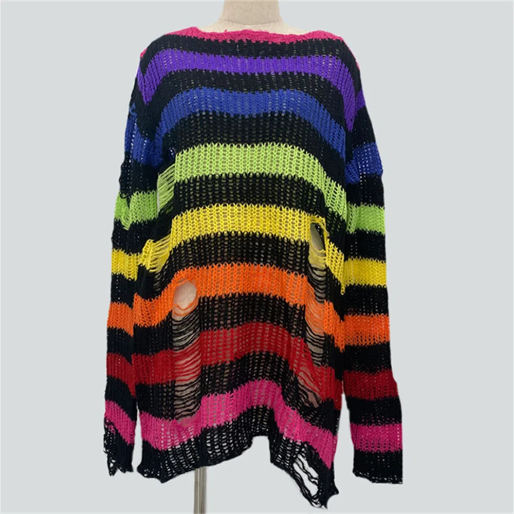 

Свитер в радужную полоску Gyaru с рваными дырками, трикотажные пуловеры, женский топ с длинными рукавами, свитера Y2K, джемперы из джерси