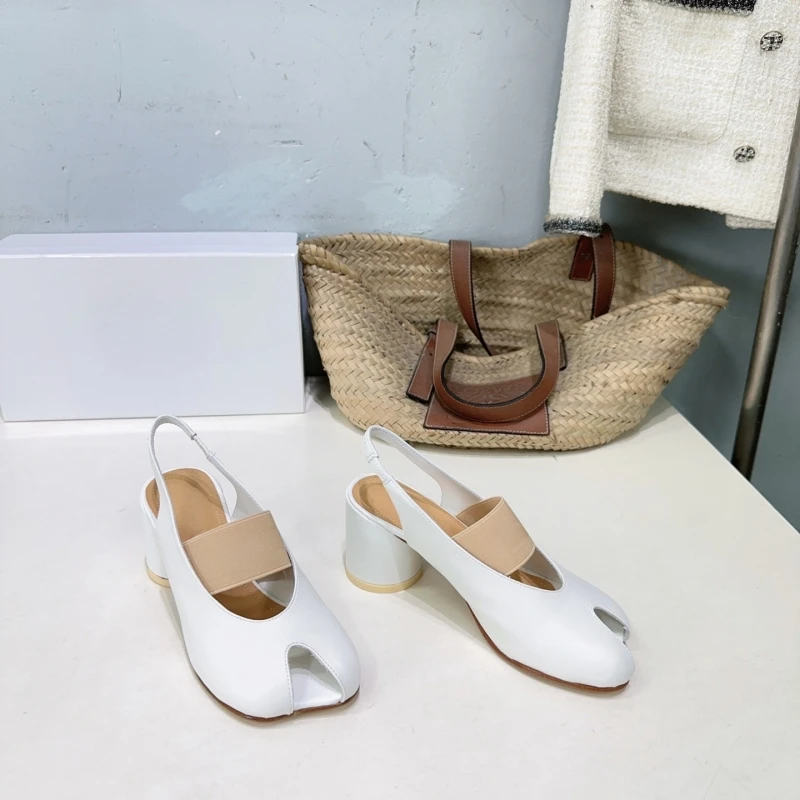 Summer New Leather Apple Head Thick High Heel Mary Jane Women's Shoes Open-Toe Flat Band Backless Sandals Fashion Flats