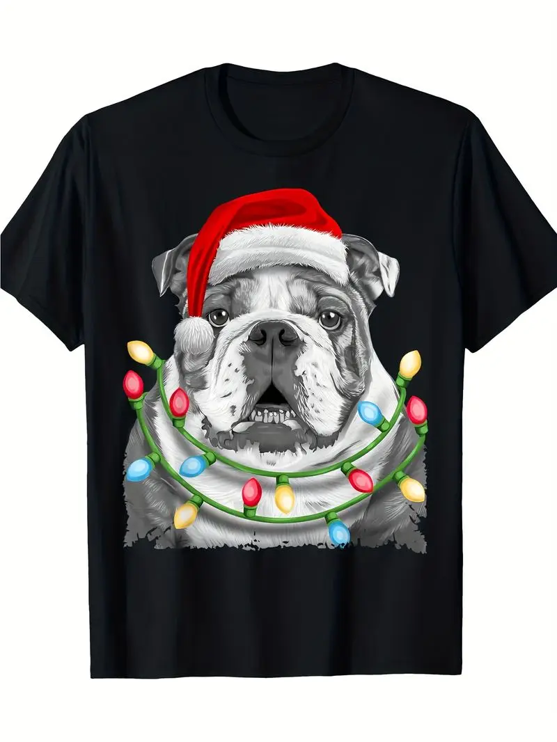 English Bulldog Santa Christmas Lights T-Shirt - 100% Cotton Unisex Crew Neck Tee - Holiday Gift For Dog Lovers - S-Xxxl