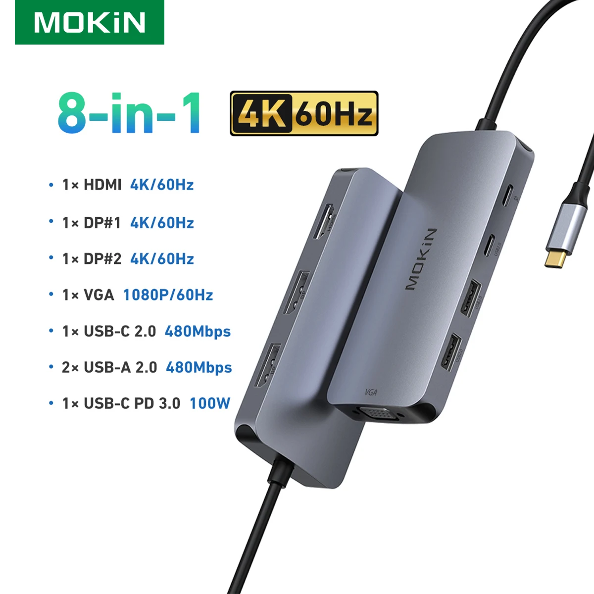 MOKiN Laptop USB Hub Docking Station Quadruple Display Hub Adapter for MacBook Dell/HP/Lenovo with 2 DP,HDMI,VGA,USB2.0,PD 100W