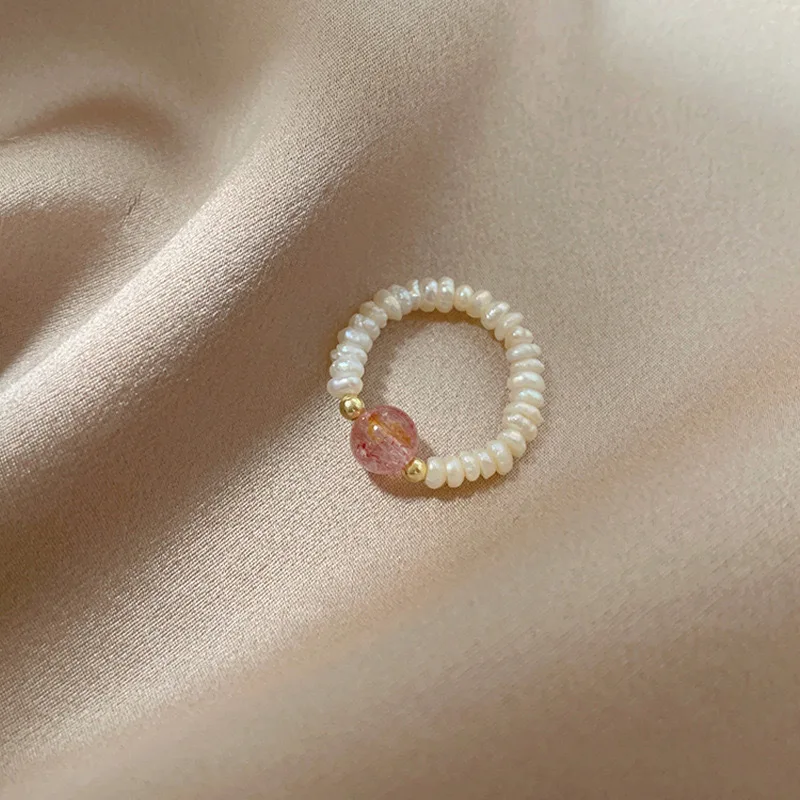 Freshwater Pearl Strawberry Quartz Ring Design Simple Fashion Pearl Filament Ring for Women