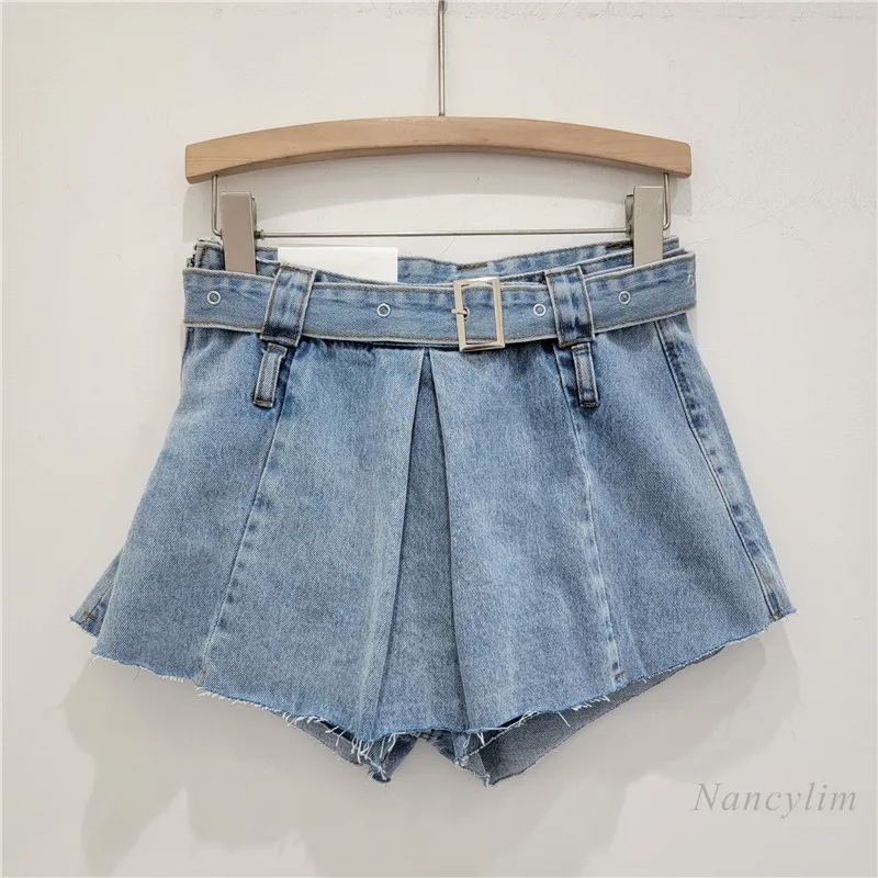 

Niche Design High Waist Pleated Denim Skirt Women's Summer 2024 New Korean Style A- Line Pantskirt Fashion Jean Skirts