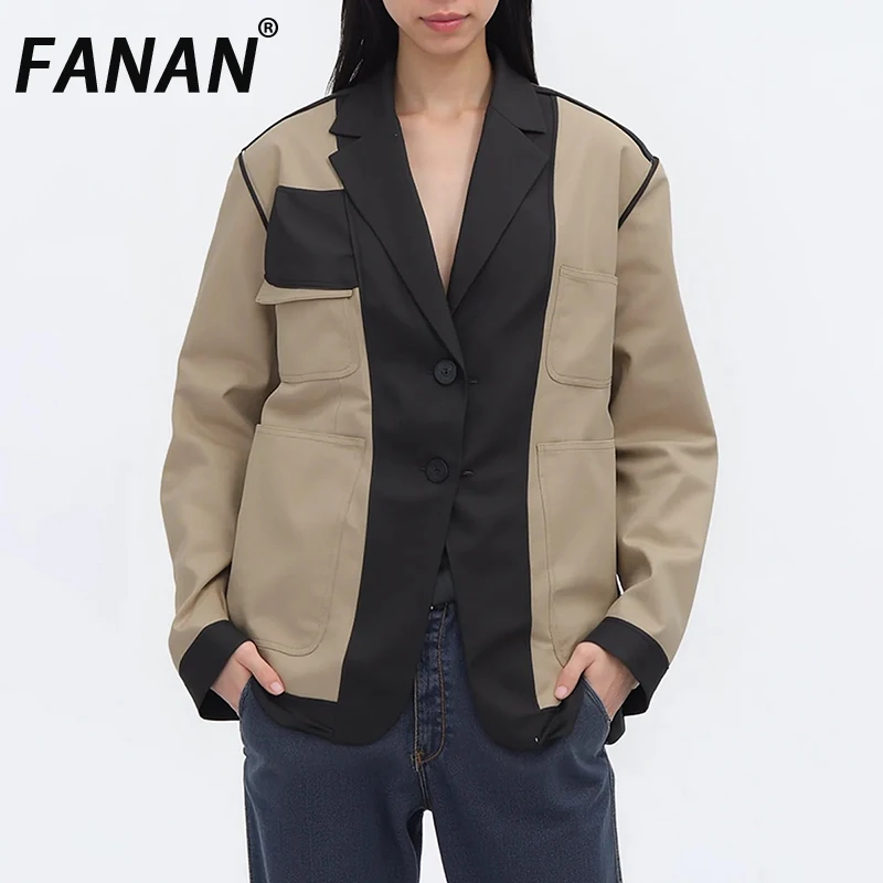 

FANAN Khakl Spliced Pocket Basics Jacket Female Lapel Long Sleeve Loose Women's Jacket Autumn Style Fashion New Clothing