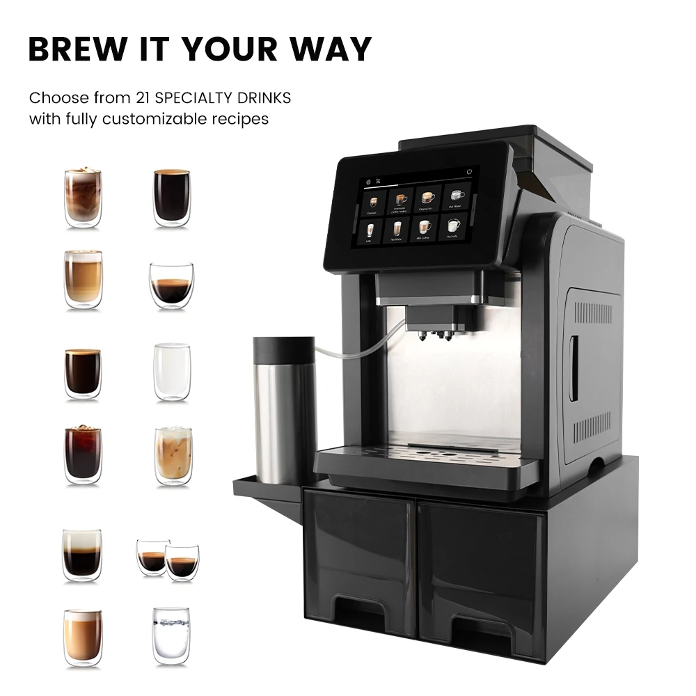 

Mcilpoog WS817Plus Auto Espresso Machine 7” Color Touch Screen + 1-Click Milk Frother with 21 Flavors. Perfect for Home & Office