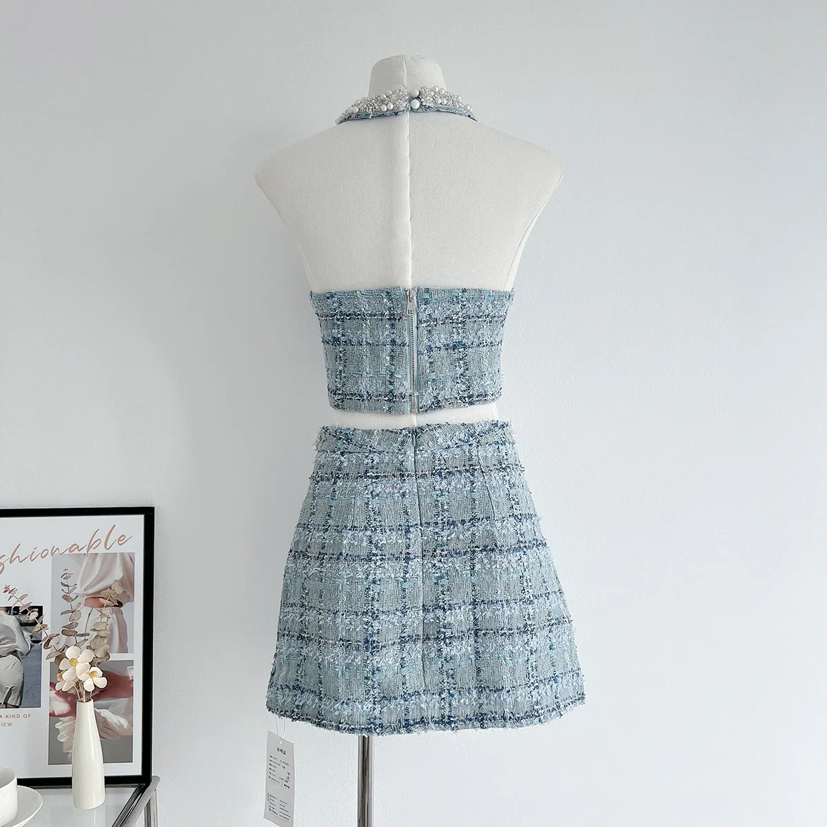 Small Fragrance Fashion Beads Tweed Sexy Slim Halter Sleeveless Bodycorn Dress Korean Elegant Slim Waist Mini Dresses 2024 New