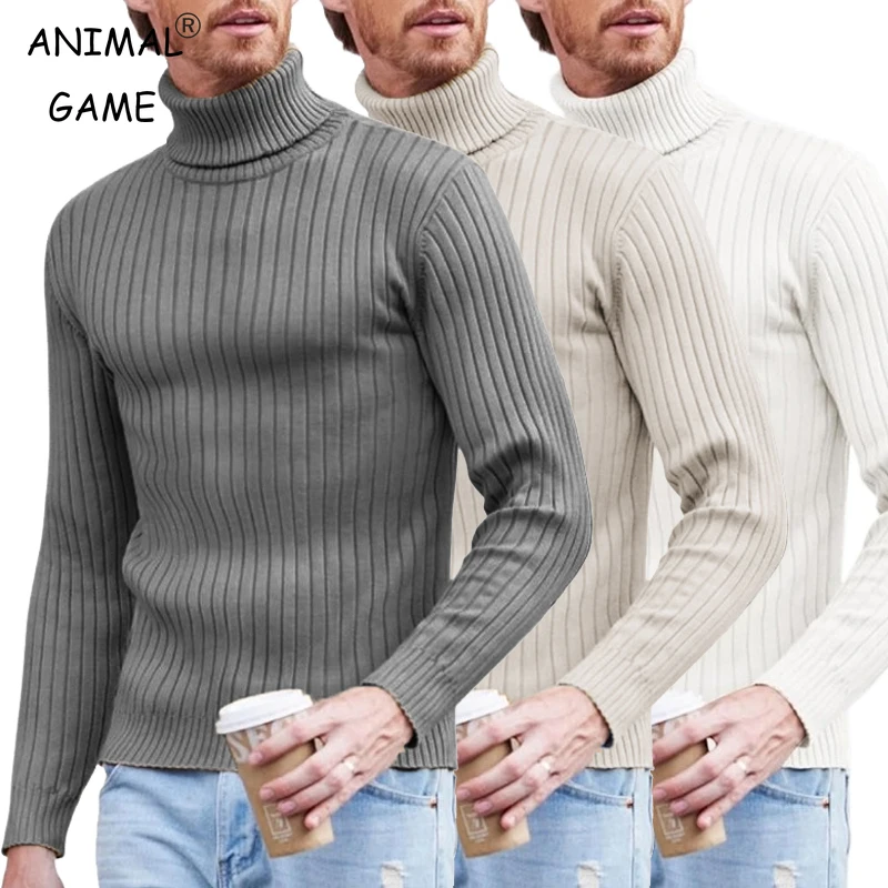 

Autumn Men's Slim Fit Thermal Turtleneck Sweater Casual Pullover Sweaters Lightweight Ribbed Sweater Solid Striped Outdoor Tops