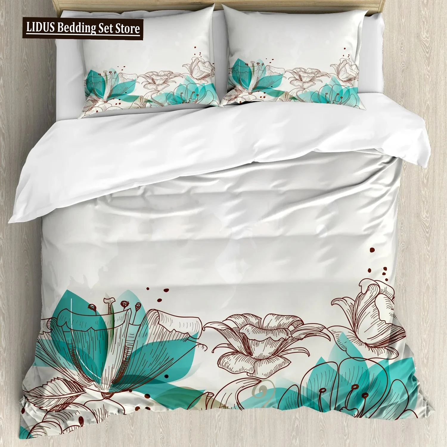 

Turquoise Duvet Cover Set Retro Floral Background With Hibiscus Silhouettes Dramatic Romantic Nature Art Polyester Duvet Cover