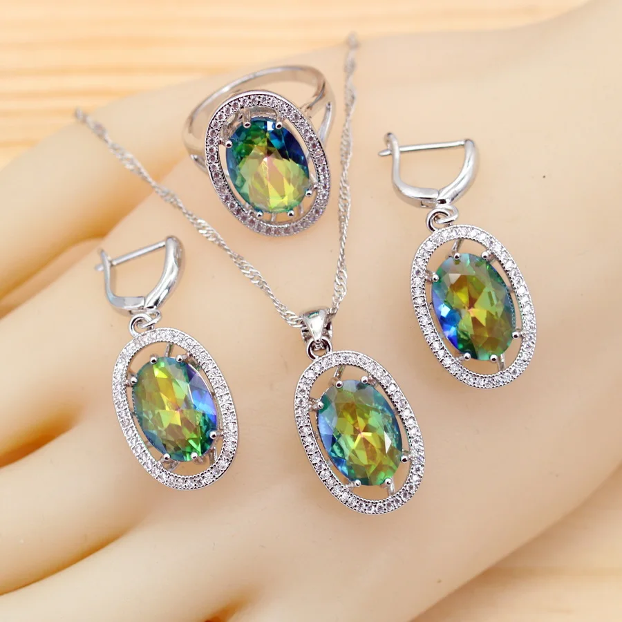 Classic Rainbow  Multicolor Zirconia Silver Color Jewelry Sets for Women Earrings Necklace Ring Wedding Gift