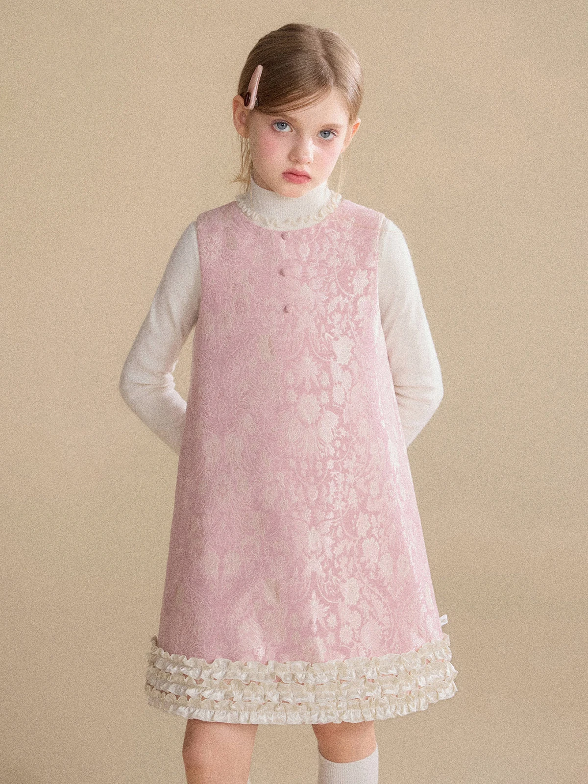 Girls Pink Quilted Jacquard Dress Fleece Lined Sleeveless Pinafore with Ruffle Hem for Fall Winter Warm Party Outfit for Toddler