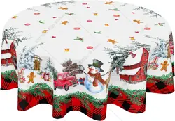 Merry Christmas Tablecloth Round 60 In Snowman Winter Table Cloth Black Red Plaid Snowflake Table Cover for Holiday Party Decor