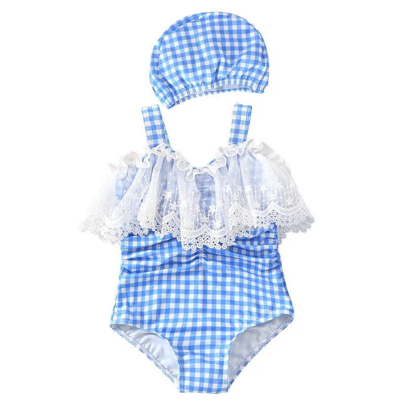 Korean Style Children One-piece Blue Plaid Lace Swimsuit for Girls Backless Sling Swimwear Bath Suit Girls Quick Drying With Cap