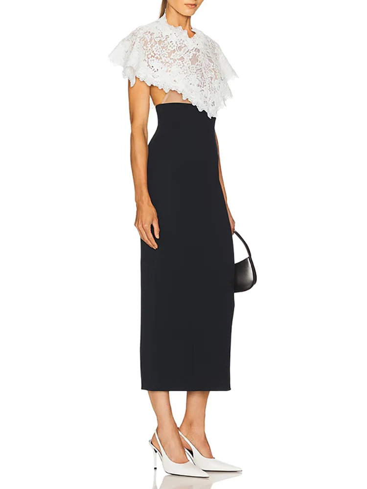 2025 Wansici Straps Patchwork Long Dress With Lace Smock Women Spliced Lace Hit Color Sleeveless Slim Dresses Elegant Party Gown