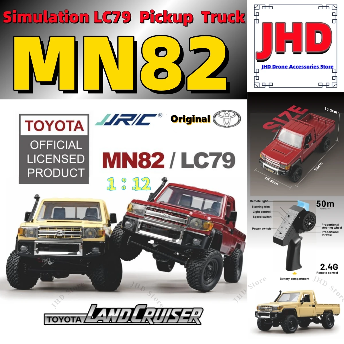 

JHD for JJRC MN82 1:12 Full Scale with LED Light Full Size 2.4G RC Simulation LC79 4x4 Remote Control Pickup RC Truck Model Toy