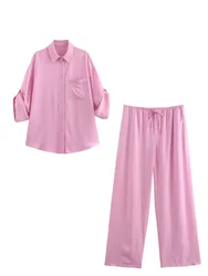 HH Women's Set Pink Turn Down Coller Half Sleeves Single Breasted Shirts+Mid-Waist Lace-Up Wide Leg Pants Women Fashion Suit