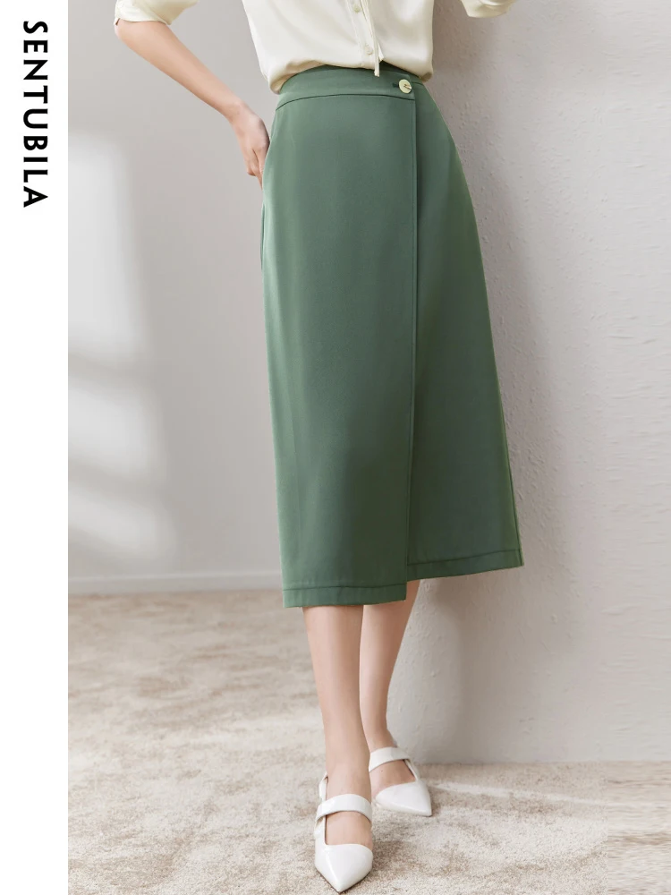 SENTUBILA Irregular Slit Skirt Women Spring Autumn Casual Office Lady Side Pocket High Waist Midi Skirts Clothing 133Q50286