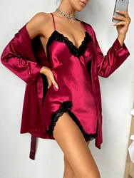 Women's elegant silk lace trimmed pajama set Comfortable robe with sexy nightdress