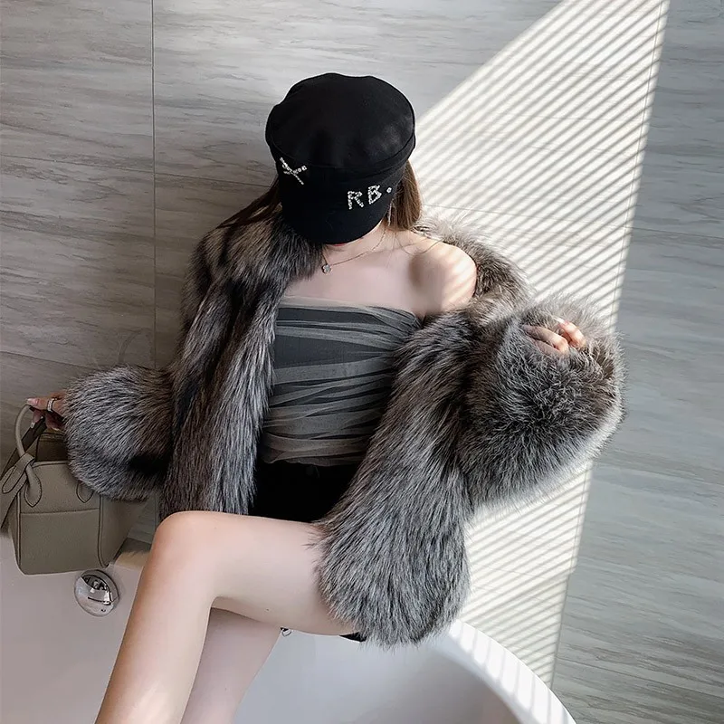 2022 Winter New Imitation Fox Fur Coat Women's Short Fashion Silver Fox Fur All-in-one Fur Coat