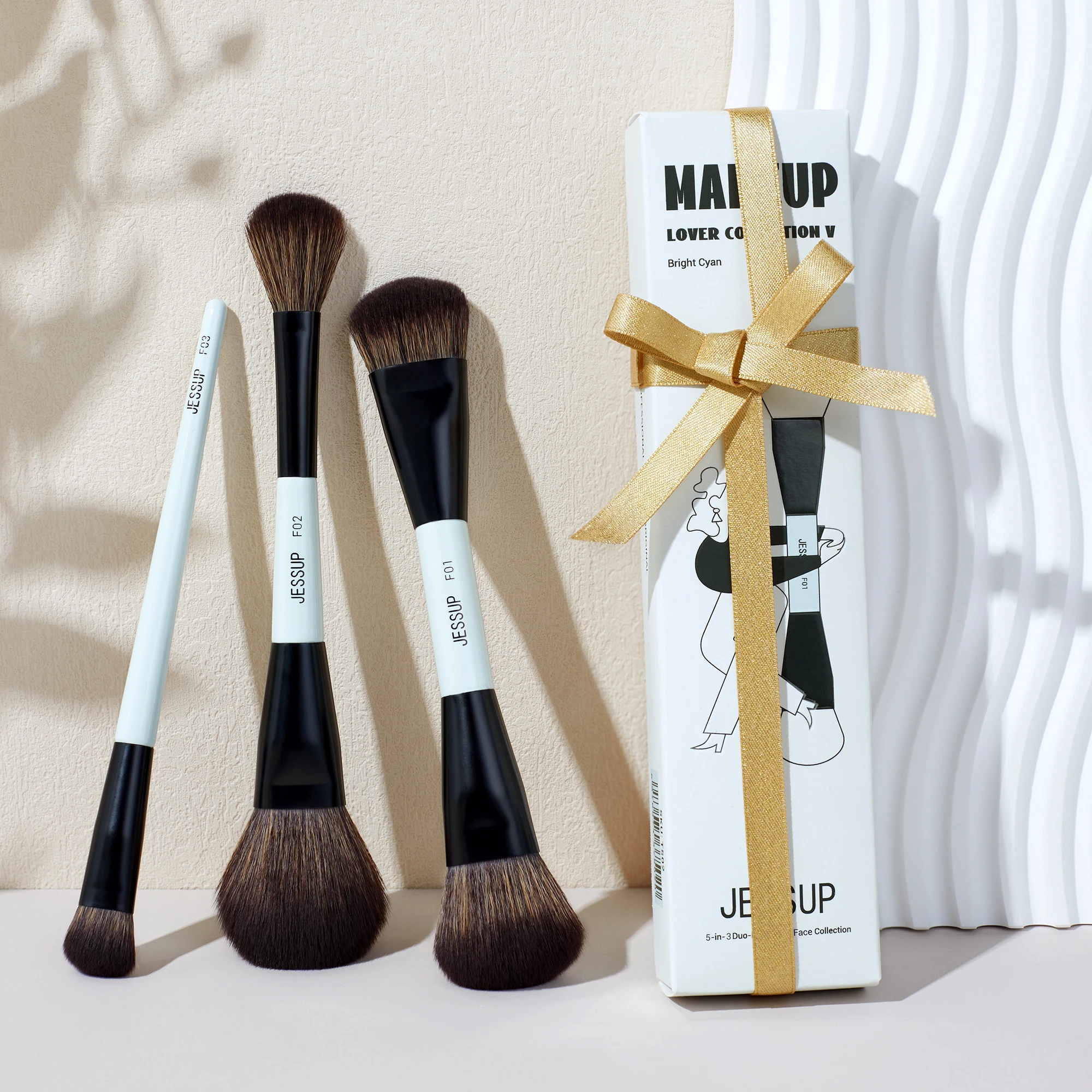 Jessup Gesichts-Make-up-Pinsel-Set, 2/3/5 Stück, doppelseitiger Make-up-Pinsel, Foundation-Kontur-Concealer, tierversuchsfrei, helles Cyan T503