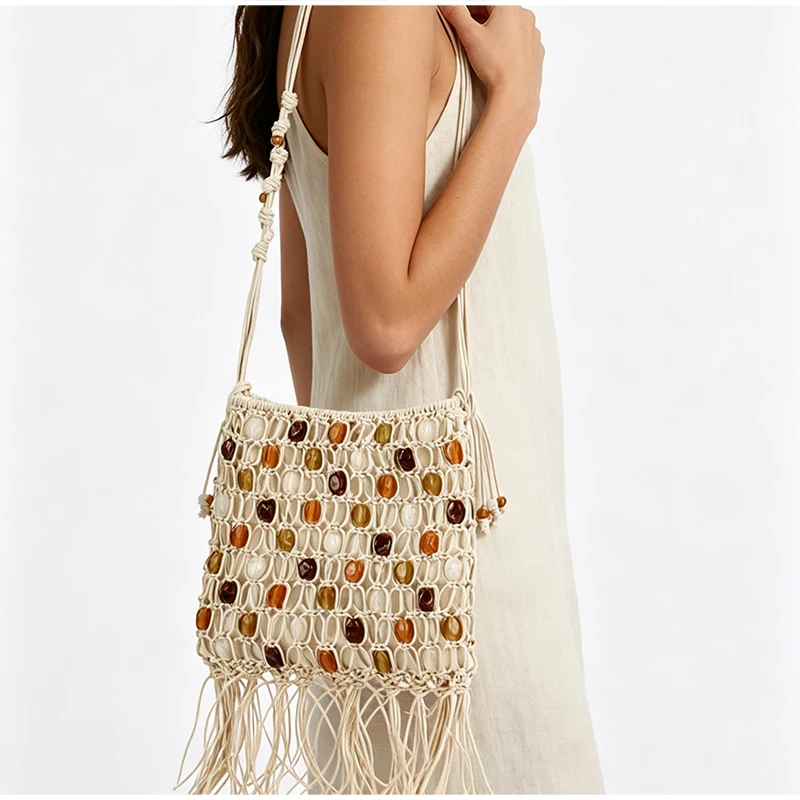 Bunte Ethnische Boho-Tasche mit Perlen und Gewachstem Seil, Gewebte Crossbody-Schultertasche, Ausgehöhlte Lässige Strand-Urlaubshandtasche, Leichte Handtasche – Detail 13