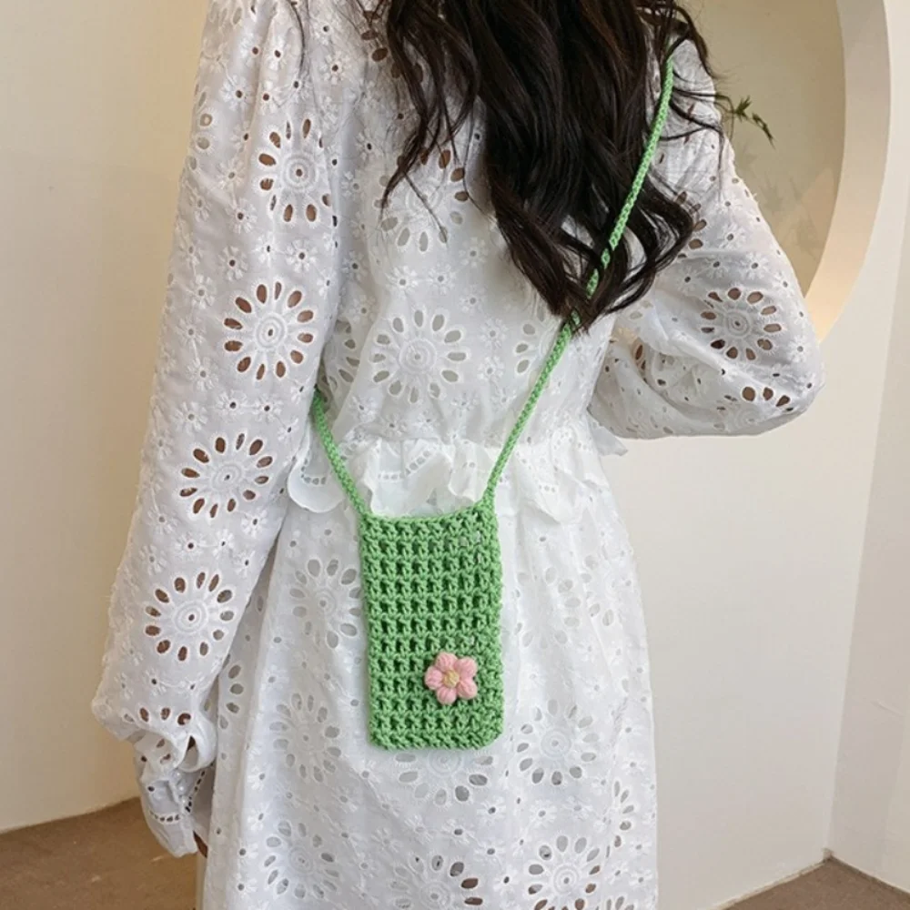 موضة زهرة النسيج حقيبة كروسبودي صغيرة جوفاء الكروشيه حقيبة الهاتف اليدوية حقيبة يد محبوك حقيبة ساعي السيدات/الفتيات