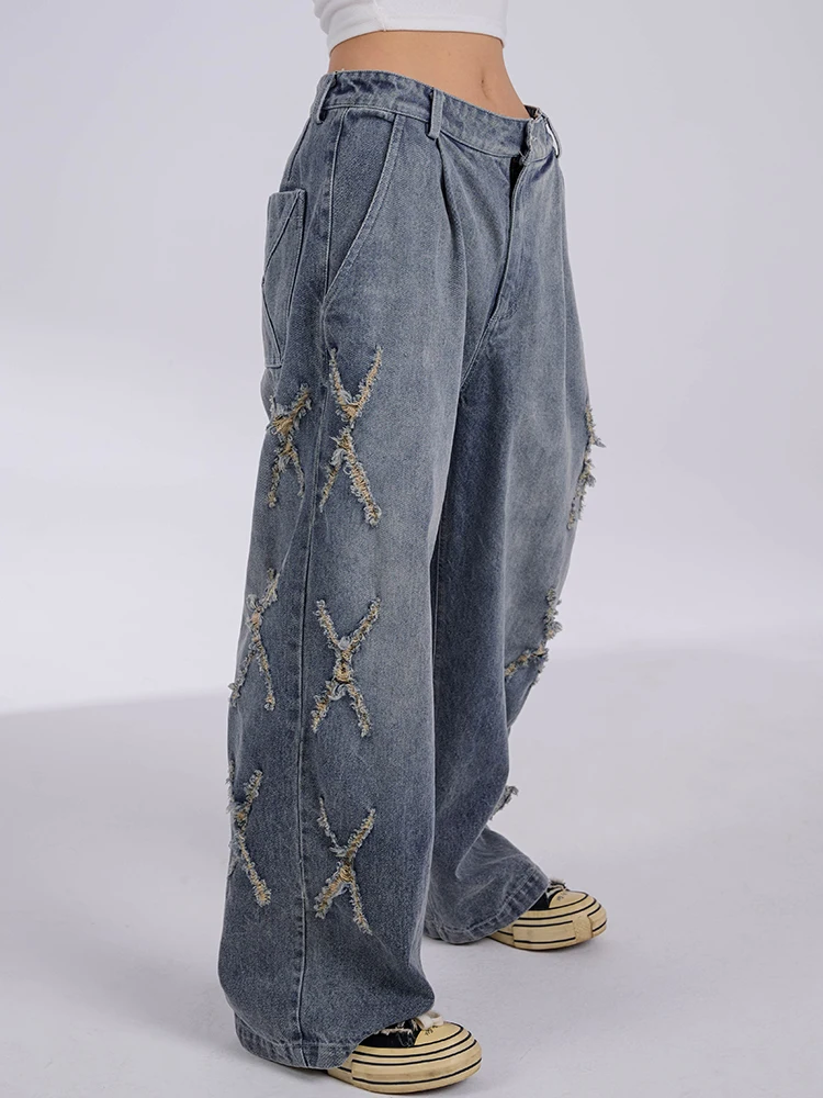Original BAK Distressed Straight Leg Jeans Women's Loose Fit Versatile Vintage Denim Long Pants Neutral Style Spring 2023